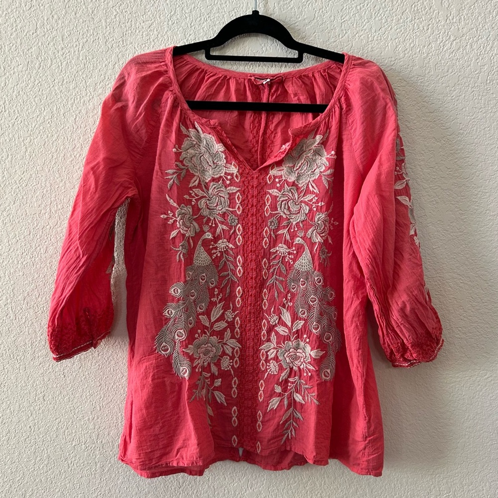 Johnny Was Workshop Women’s Surya Split Back Embroidered Top, Size Small, Coral